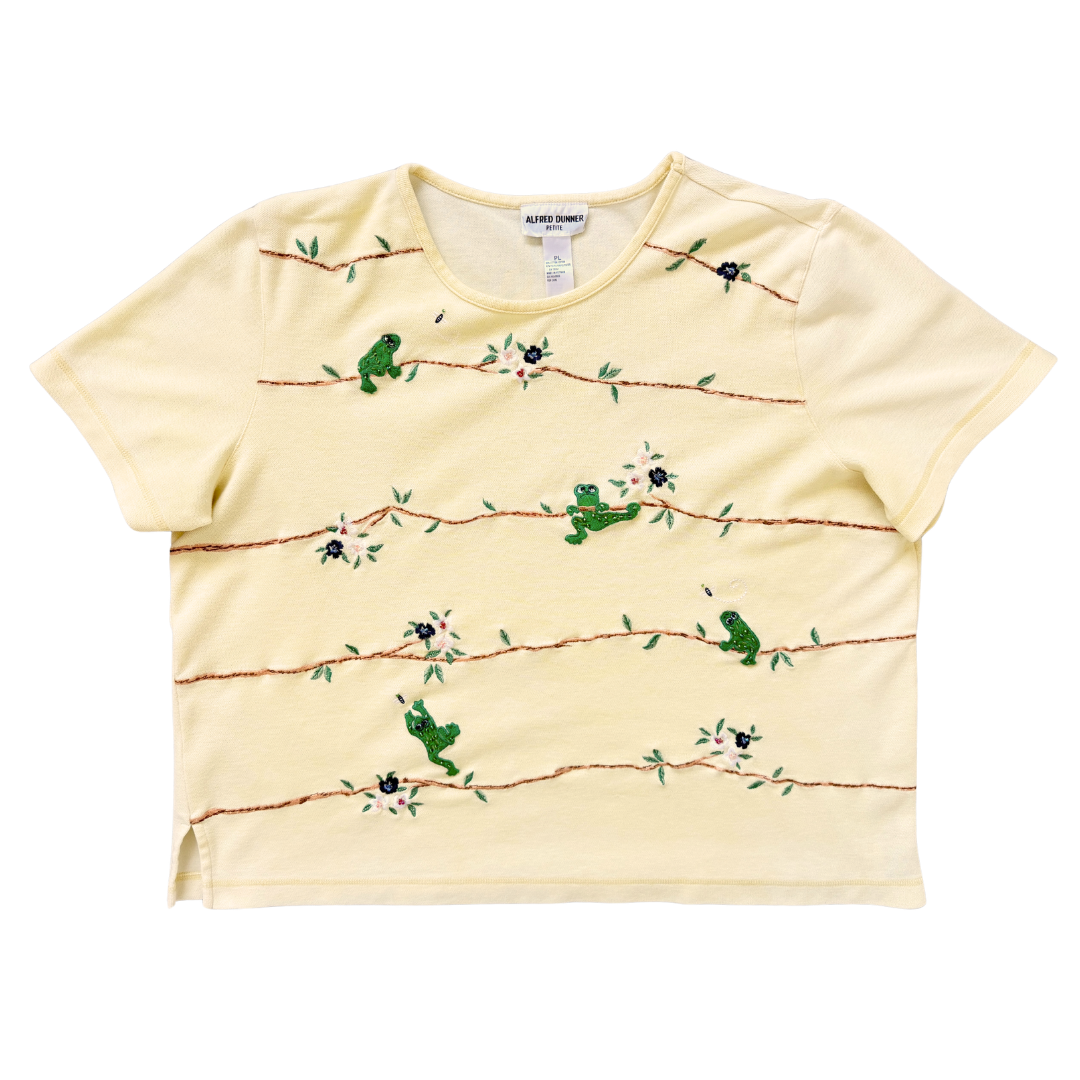 Vintage 1990s Alfred Dunner Petite Large Yellow Short Sleeve Shirt with Beaded Frog Applique Petite Large