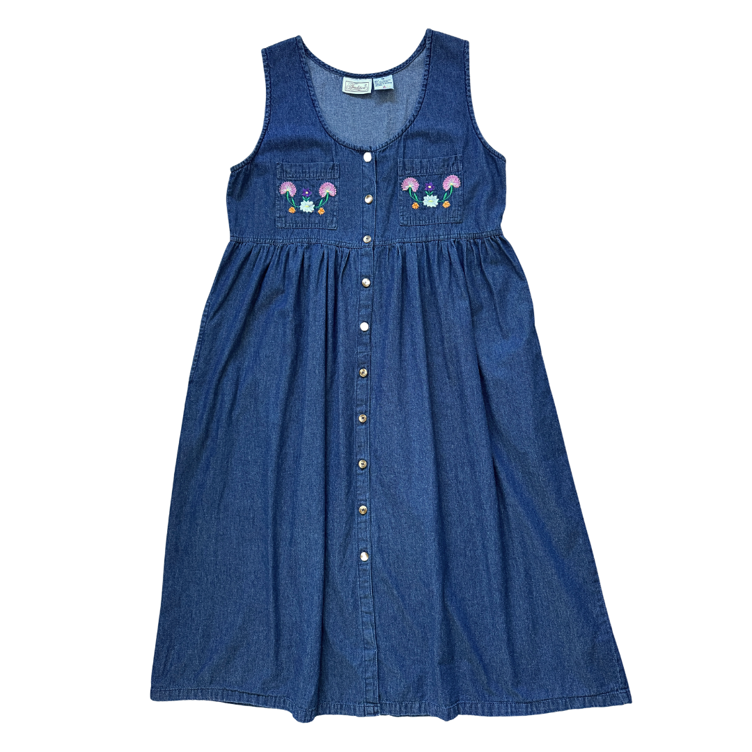 Vintage 1990s Tradition Denim Maxi Dress with Floral Embroidered Pockets | Large / Extra-Large