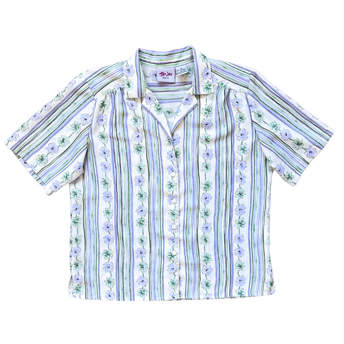 Vintage 1980s-1990s TanJay Petites Green and Purple Floral Blouse | Large