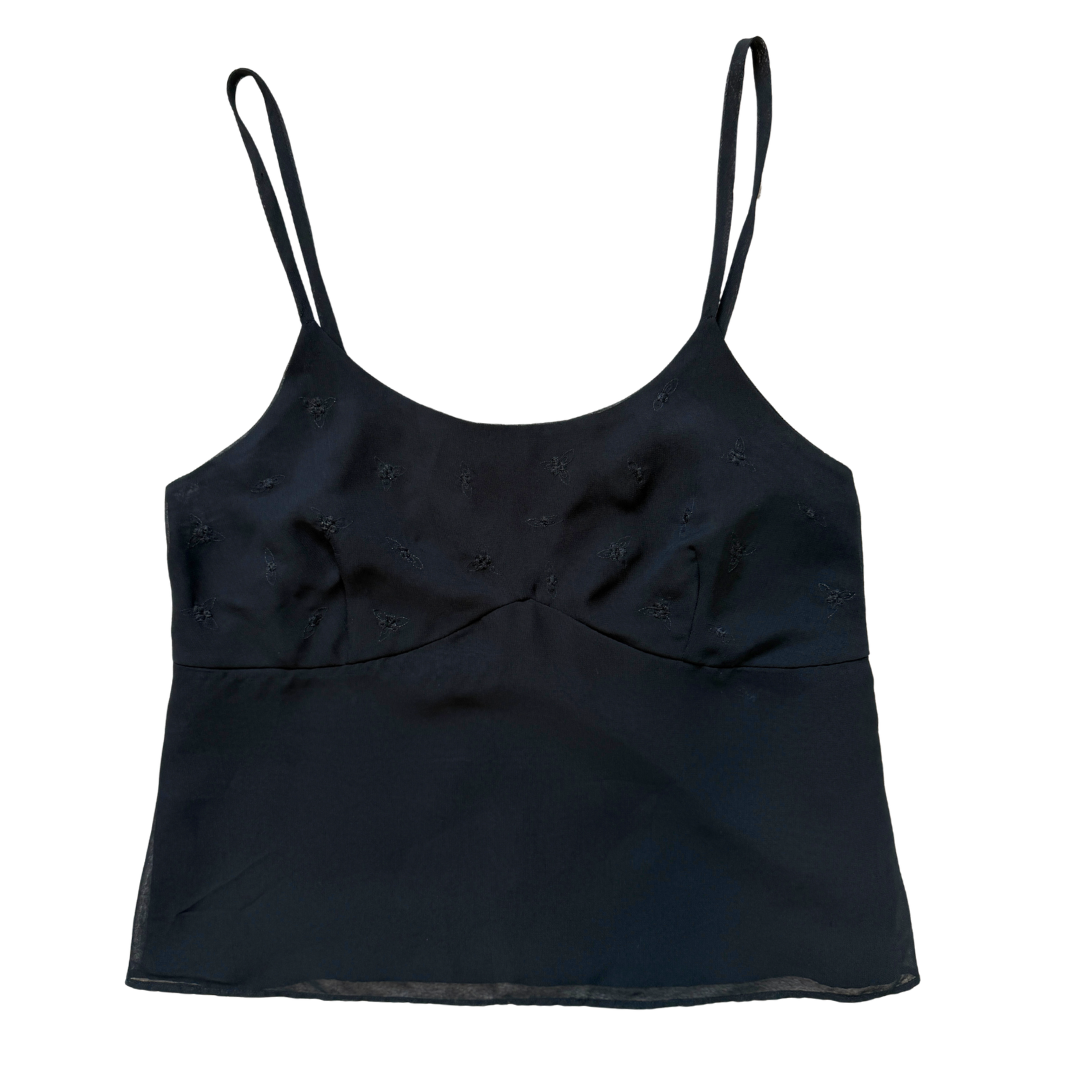 Vintage 90s Y2K Classique Collections Black Babydoll Tank with Embroidered Flowers | Large