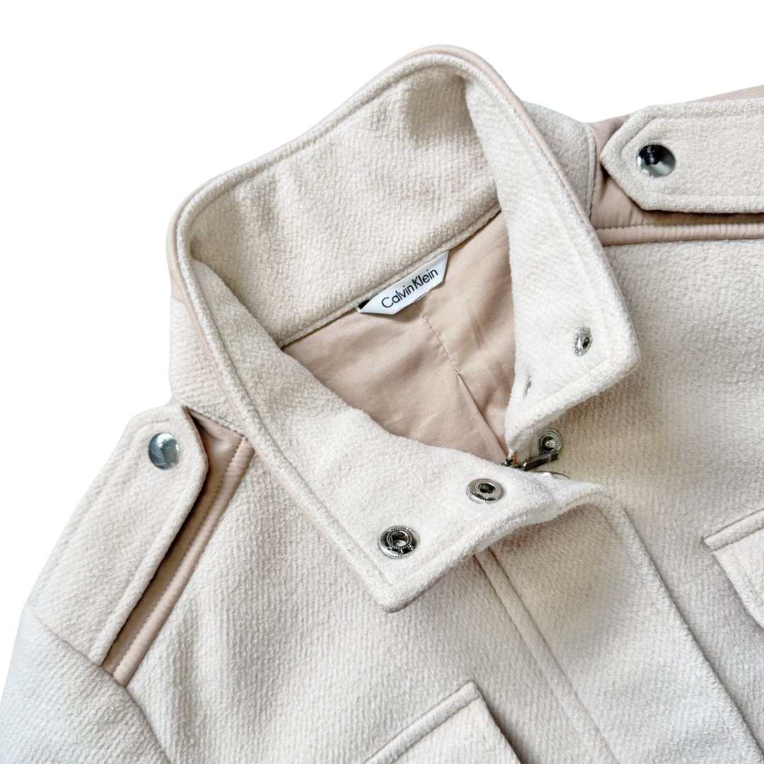 Calvin Klein Light Beige Wool Blend Funnel Neck Jacket | Small - Medium