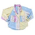 Vintage 70s Michel Pastel Plaid Patchprint Double Breasted Blouse | Extra-Small