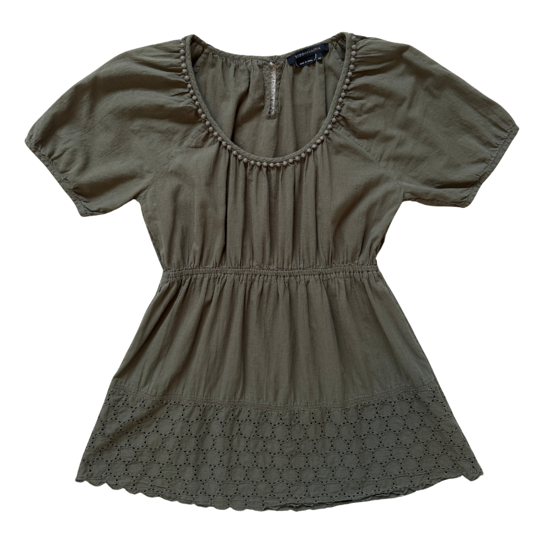 Vintage Y2K BCBG Max Azria Sage Green Eyelet Short Puff Sleeve Blouse | Medium