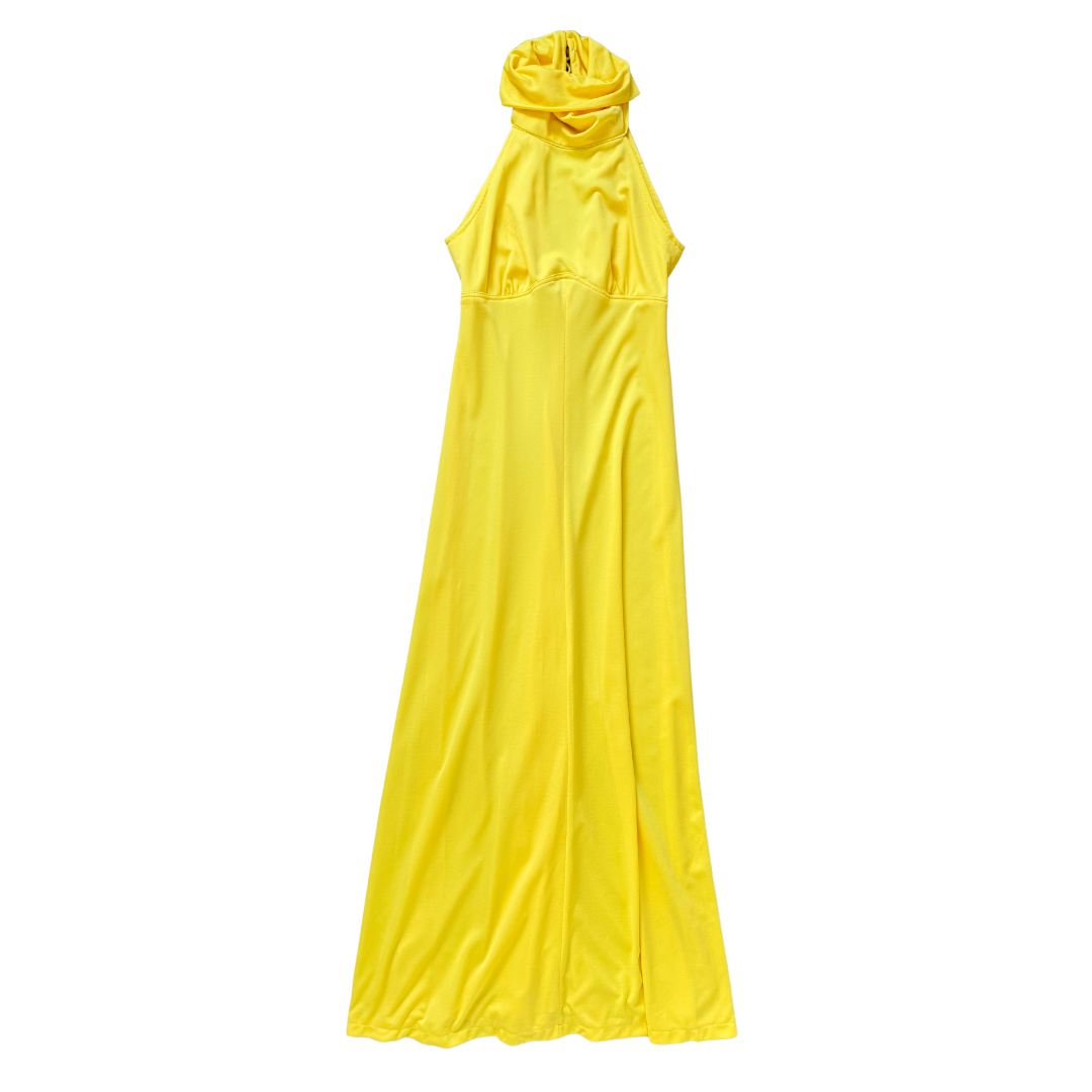 Vintage 70s-80s Yellow Foldover Collar Maxi Dress with Open Back | Extra-Small / Small