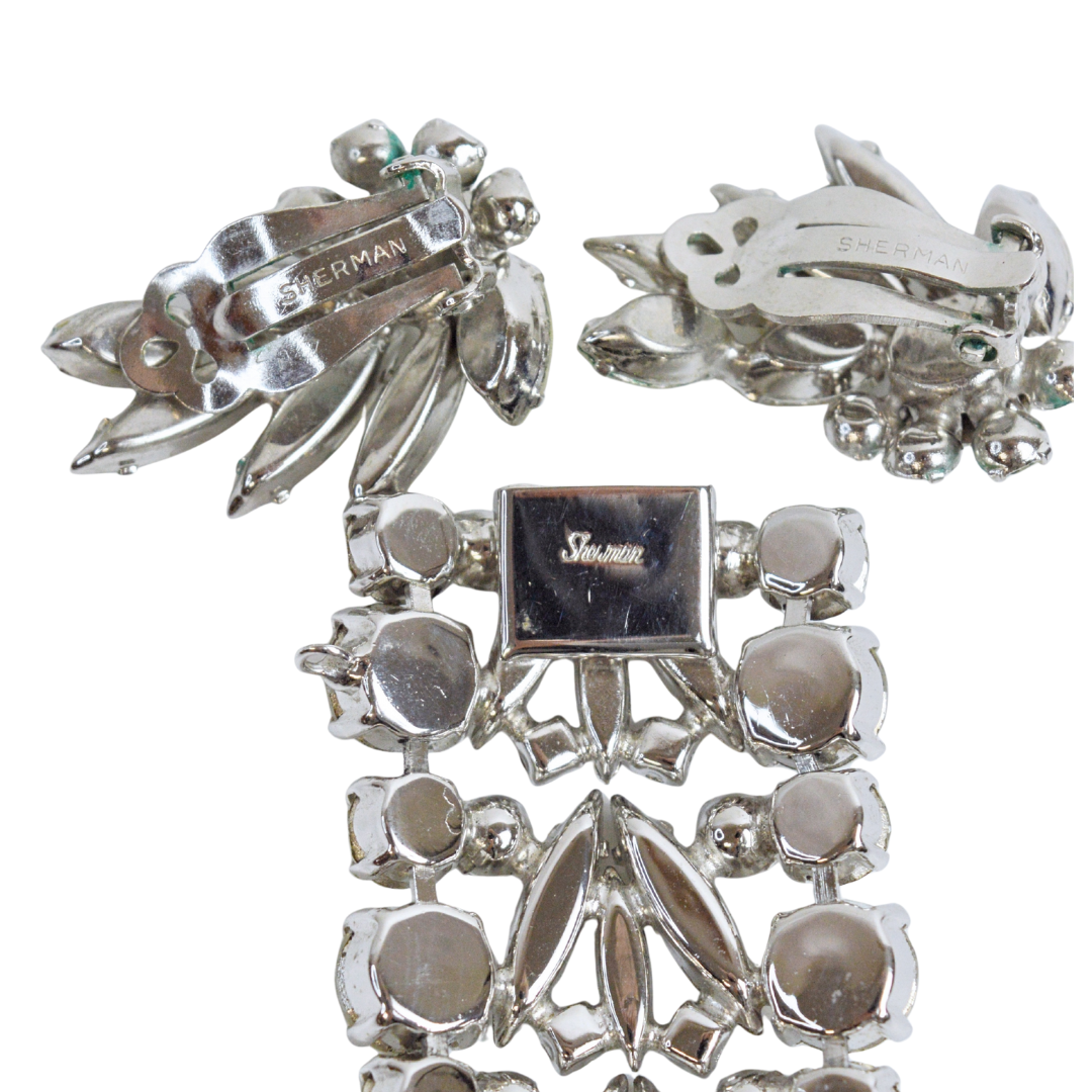 Vintage Sherman Ornate Clear Crystal Bracelet and Earring Set | 1960s