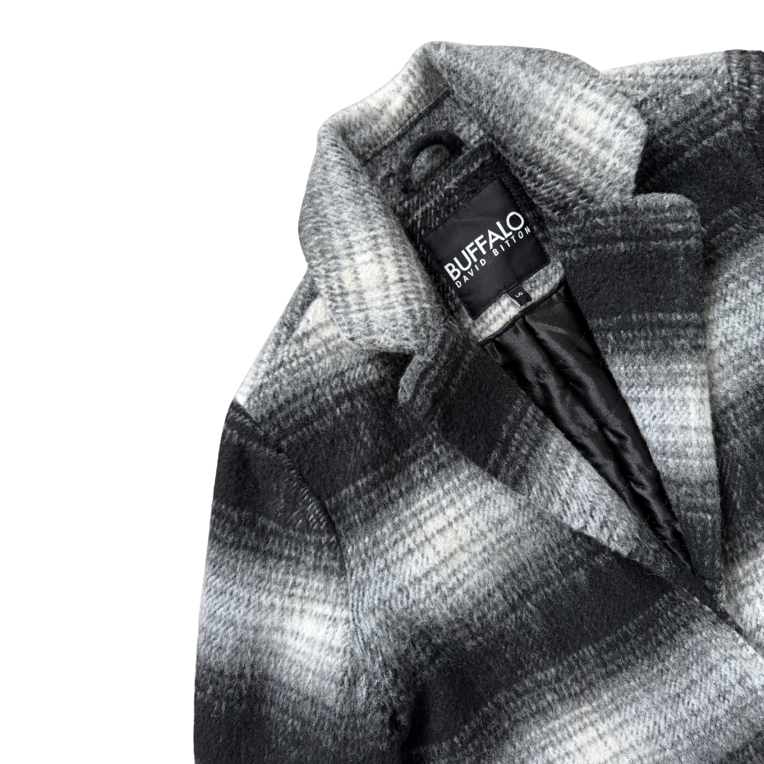Buffalo by David Bitton Black and Grey Plaid Wool Coat | Large