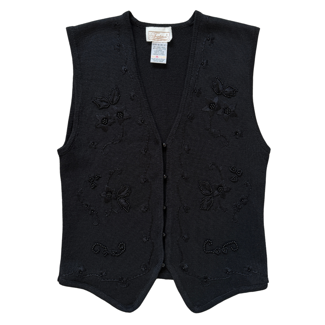 Vintage 90s Y2K Traditon Black Knit Vest with Embroidered and Beaded Flowers | Medium