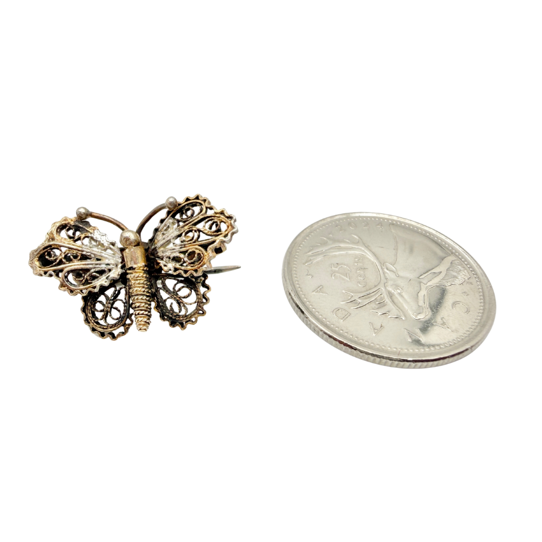 Antique Art Deco Silver Plated Filigree Mini Butterfly Brooch