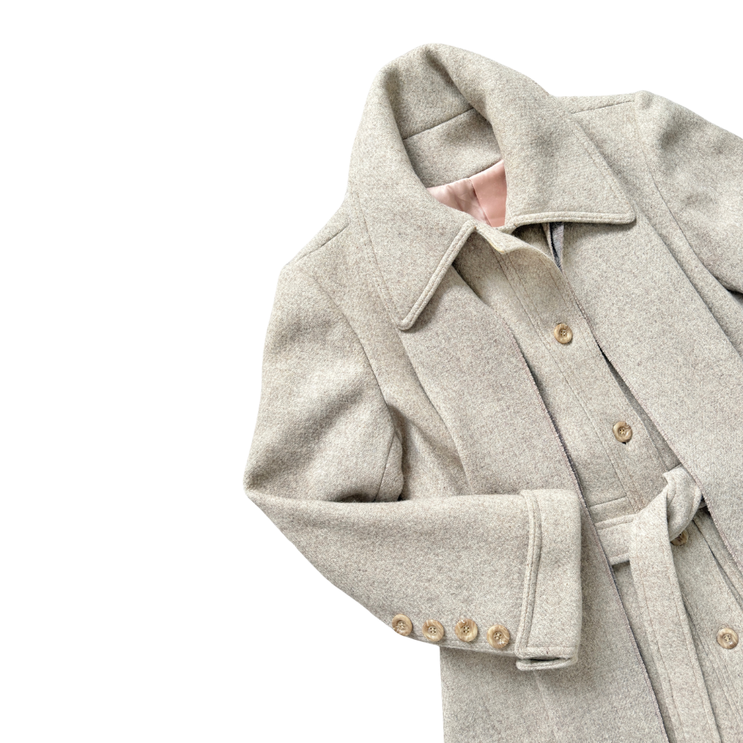 Sterling Stall Beige Wool Belted Trench Coat with Scarf | Small- Medium