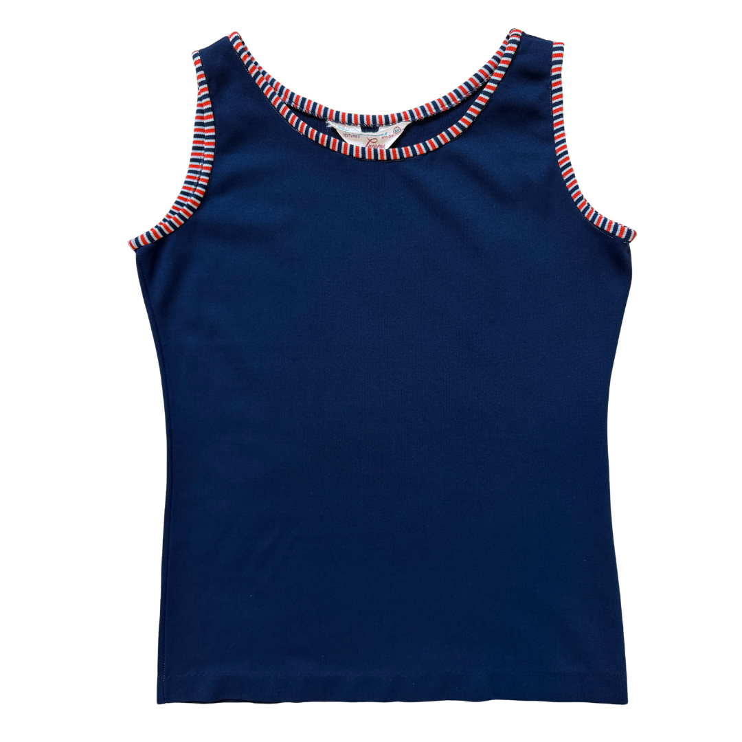 Vintage 70s Lucerne Navy Tank with Orange and Navy Striped Binding | Medium
