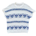 Vintage 1980s-1990s Blue and White Rose Short Sleeve Knit Sweater - Extra-Large