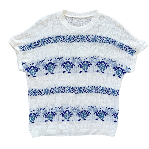 Vintage 1980s-1990s Blue and White Rose Short Sleeve Knit Sweater - Extra-Large