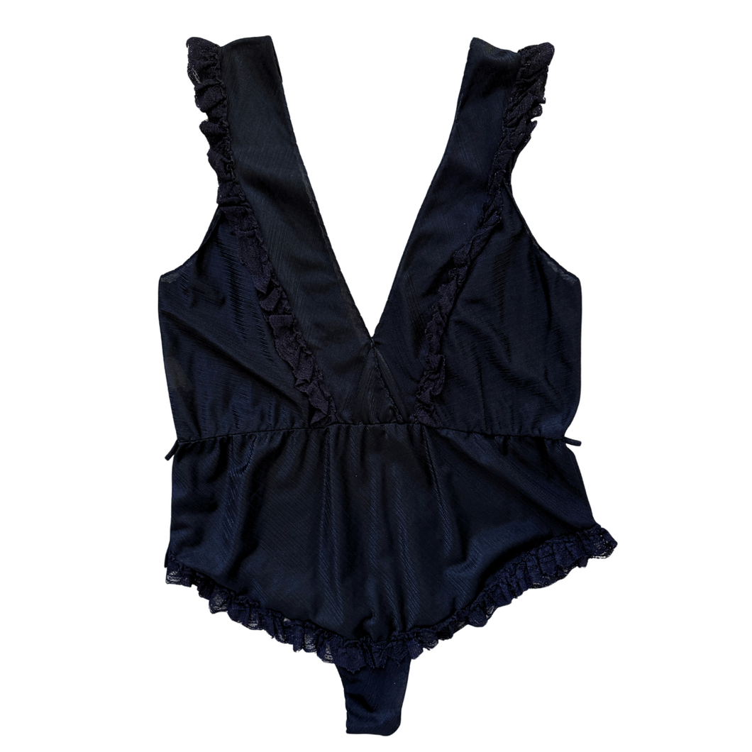 Vintage Black Lace Ruffled Body Suit | Medium