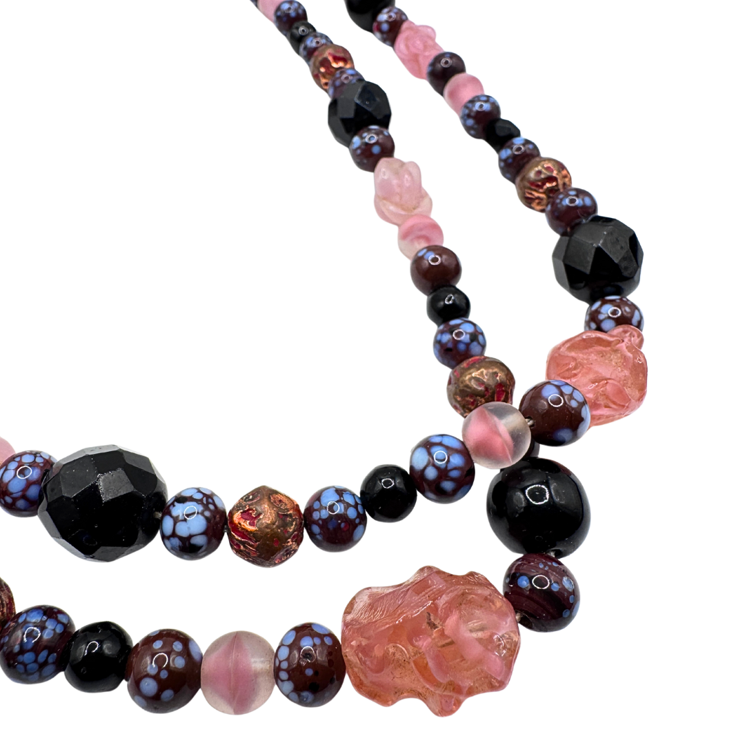 Pink, Black and Marbled Glass Bead Necklace