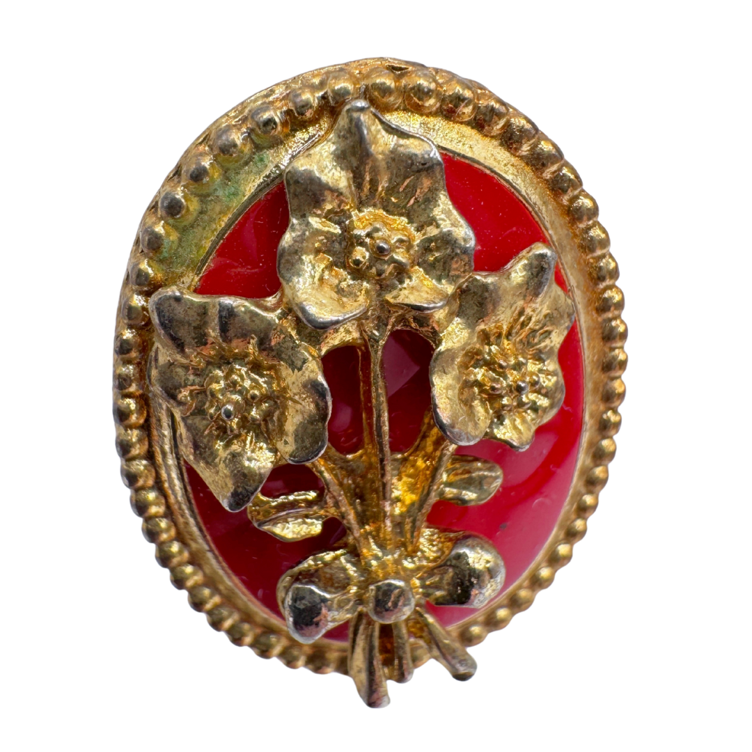 Red and Gold-Tone Floral Bouquet Oval Stud Earrings