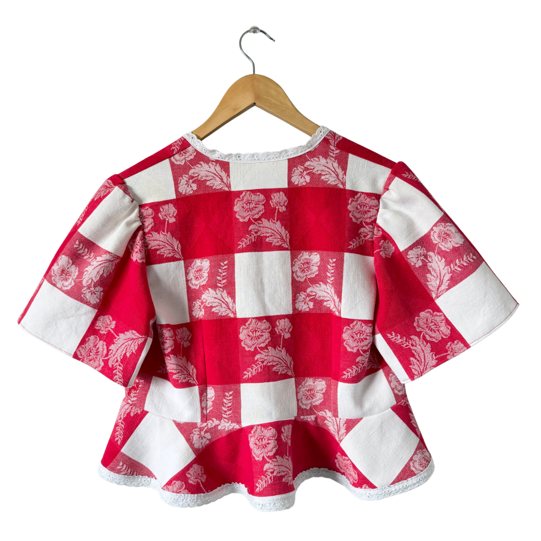 Recycled Red and White Checkered Floral Peplum Blouse | Extra-Large