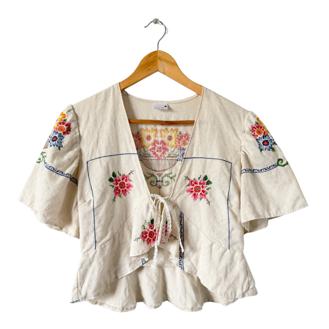 Recycled Bright Floral Embroidered Linen Peplum Blouse | Extra-Small