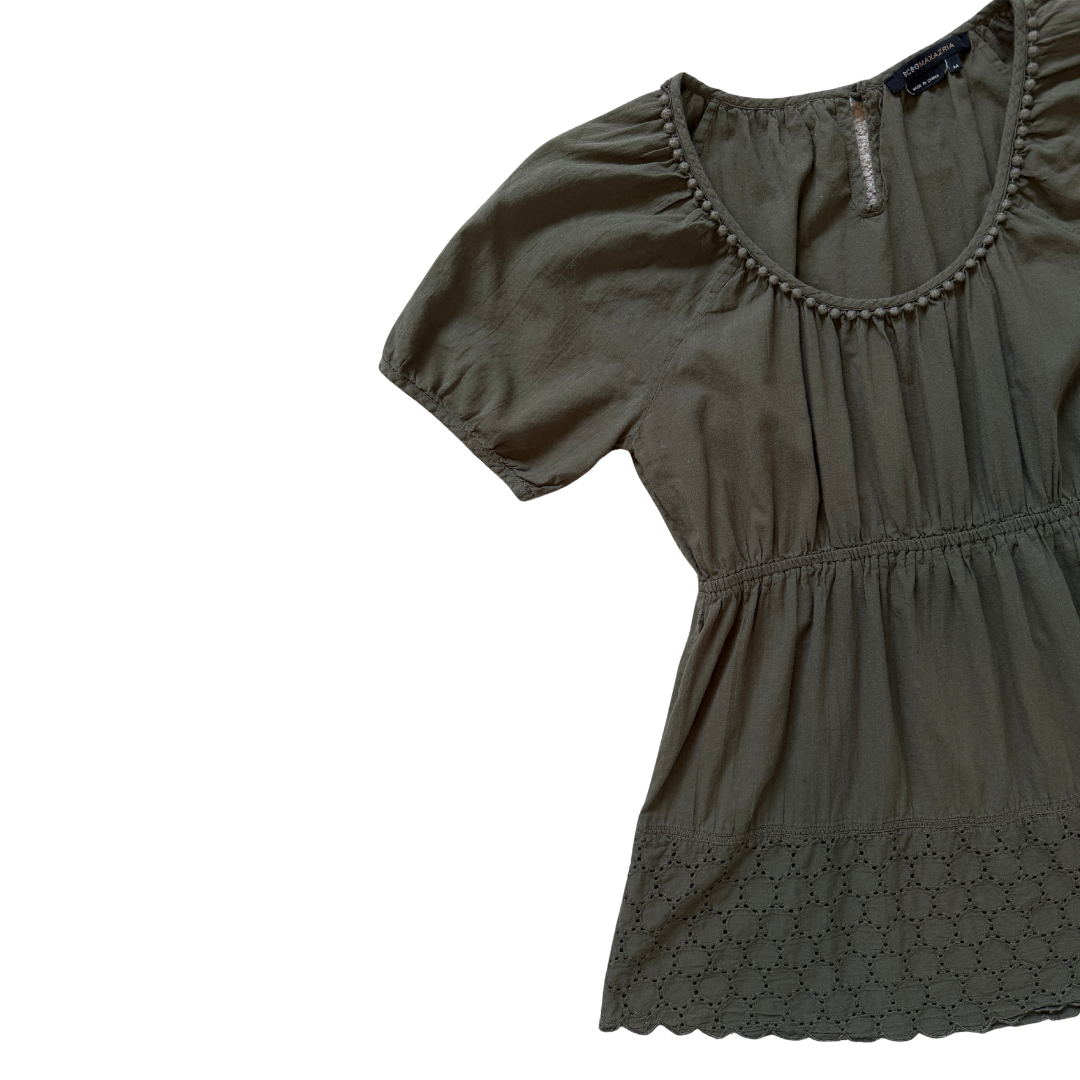 BCBG Sage Green Eyelet Short Sleeve Blouse | Medium