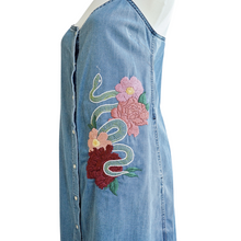 Load image into Gallery viewer, Up-cycled Snake and Flowers Denim Dress | M
