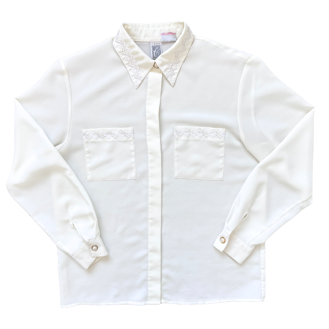 Vintage 1980s-1990s Cleo Geometric Embroidered Collar Blouse | Medium-Large