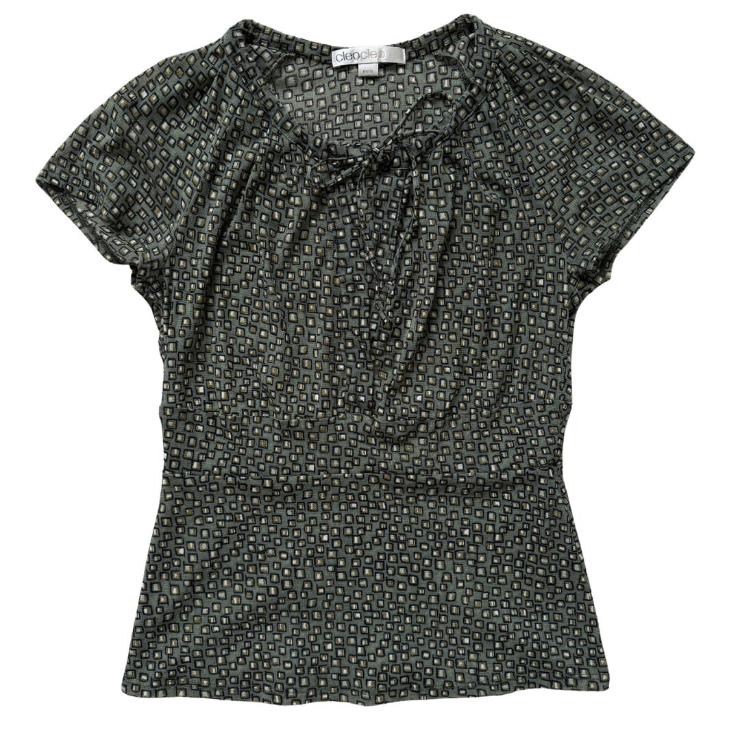 Vintage Y2K Cleo Green Geometric Tie-Neck Blouse | Small - Medium