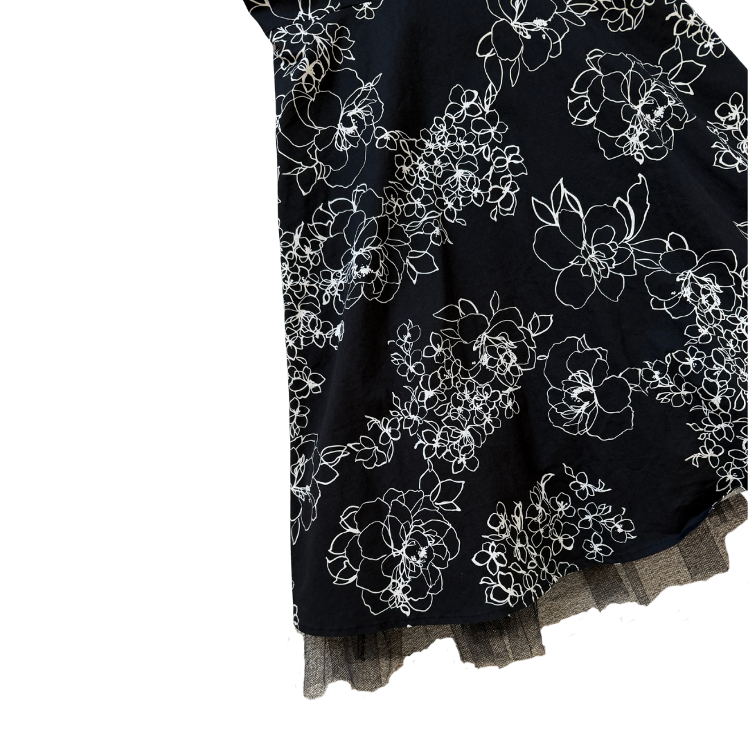 Be Smart Black and White Floral Midi Dress with Tulle Underlay | Small - Extra-Small