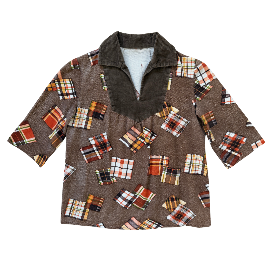 Vintage 70s Brown Patchprint Shirt with Corduroy Collar | Small - Medium