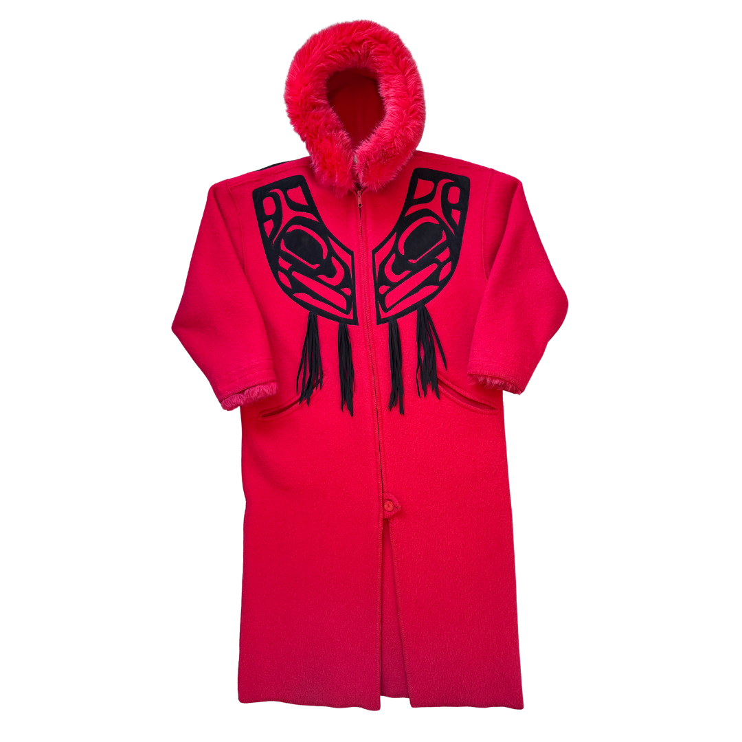 Vintage Linda Lundstrom LaParka Red Wool with Black Nisga Motif | Large