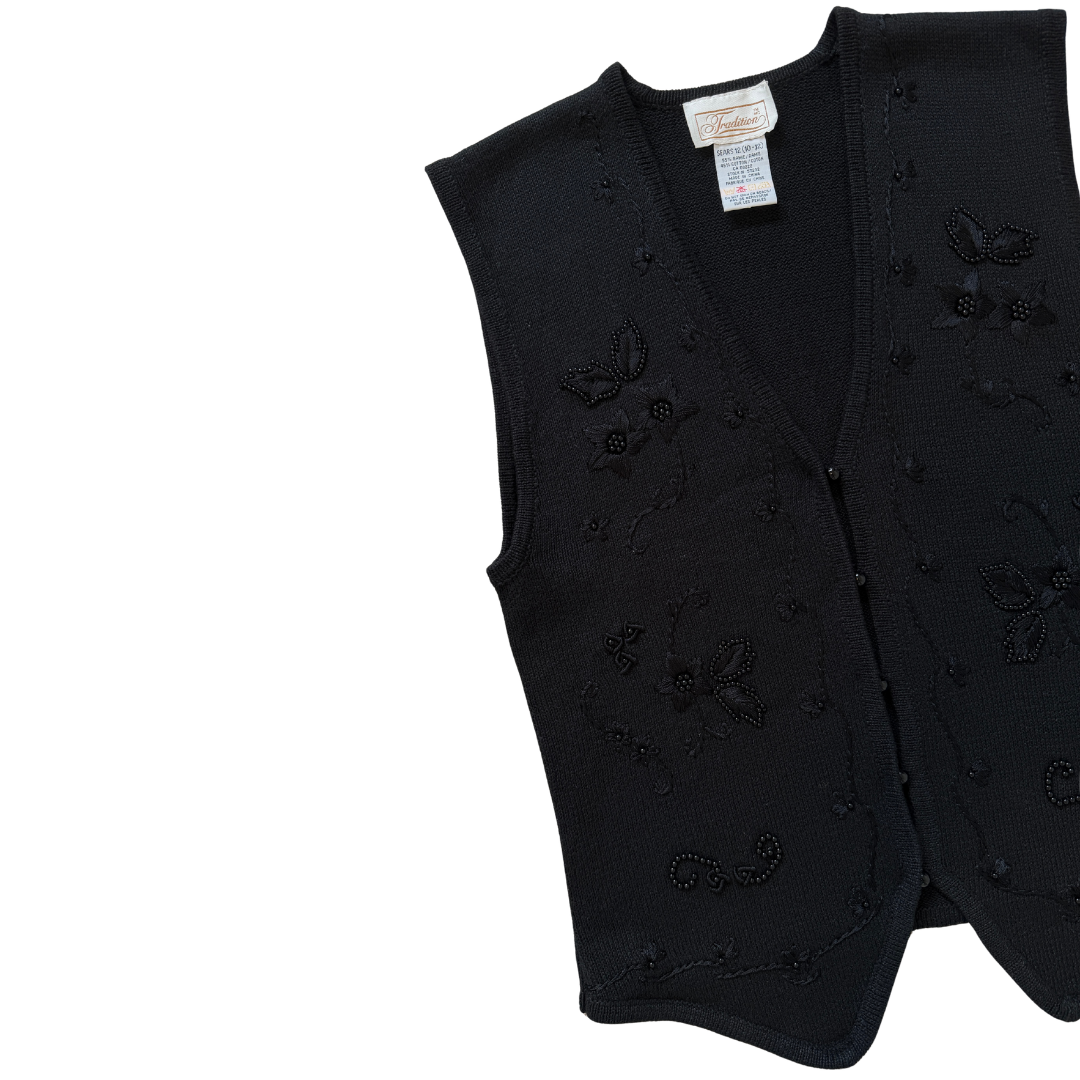 Traditon Black Knit Vest with Embroidered and Beaded Flowers | Medium