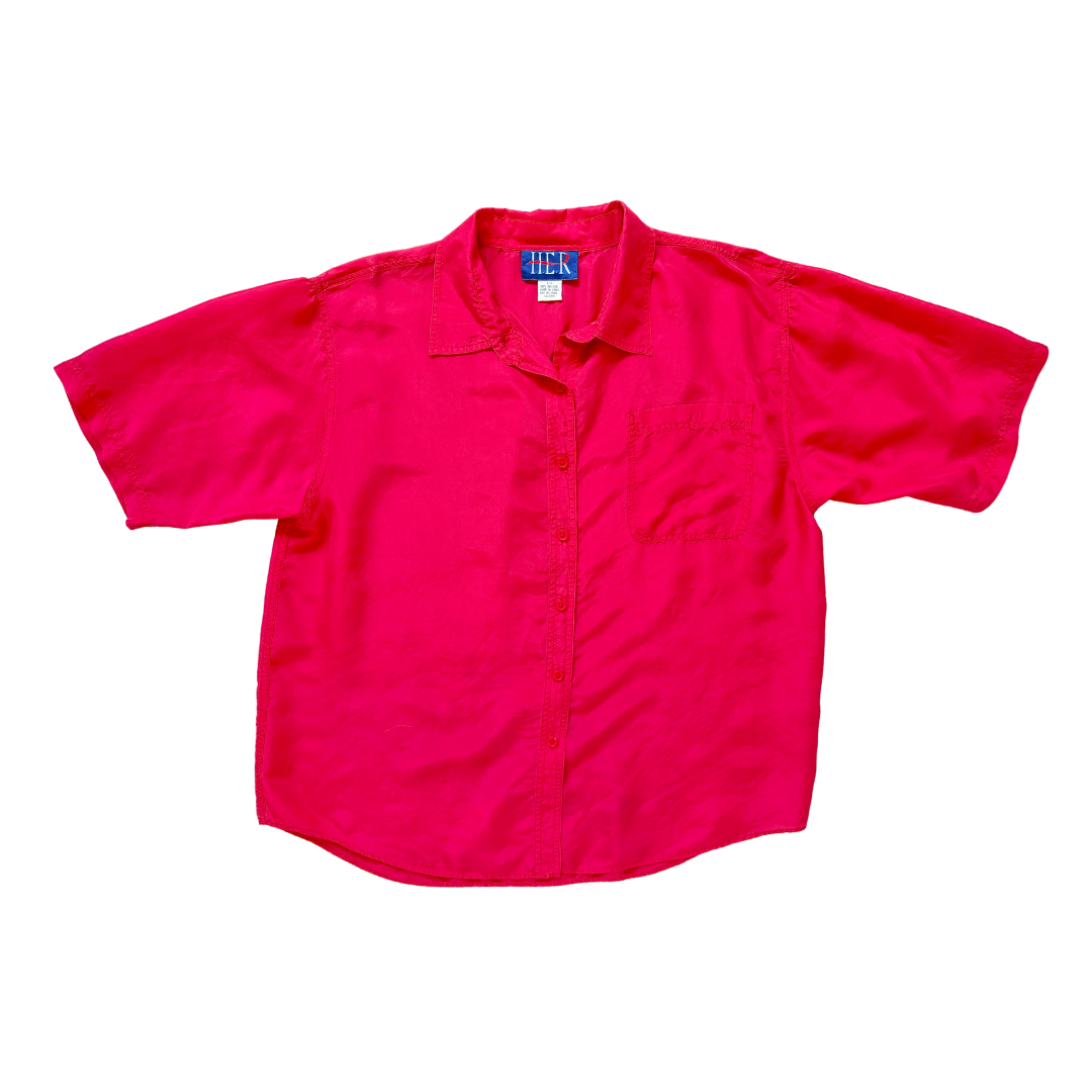 Vintage 80s H.E.R. Bright Pink Short Sleeve Silk Blouse | Large