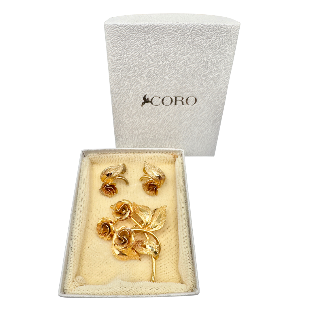 Vintage Signed Coro Goldtone Floral Brooch and Earring Set |1980s