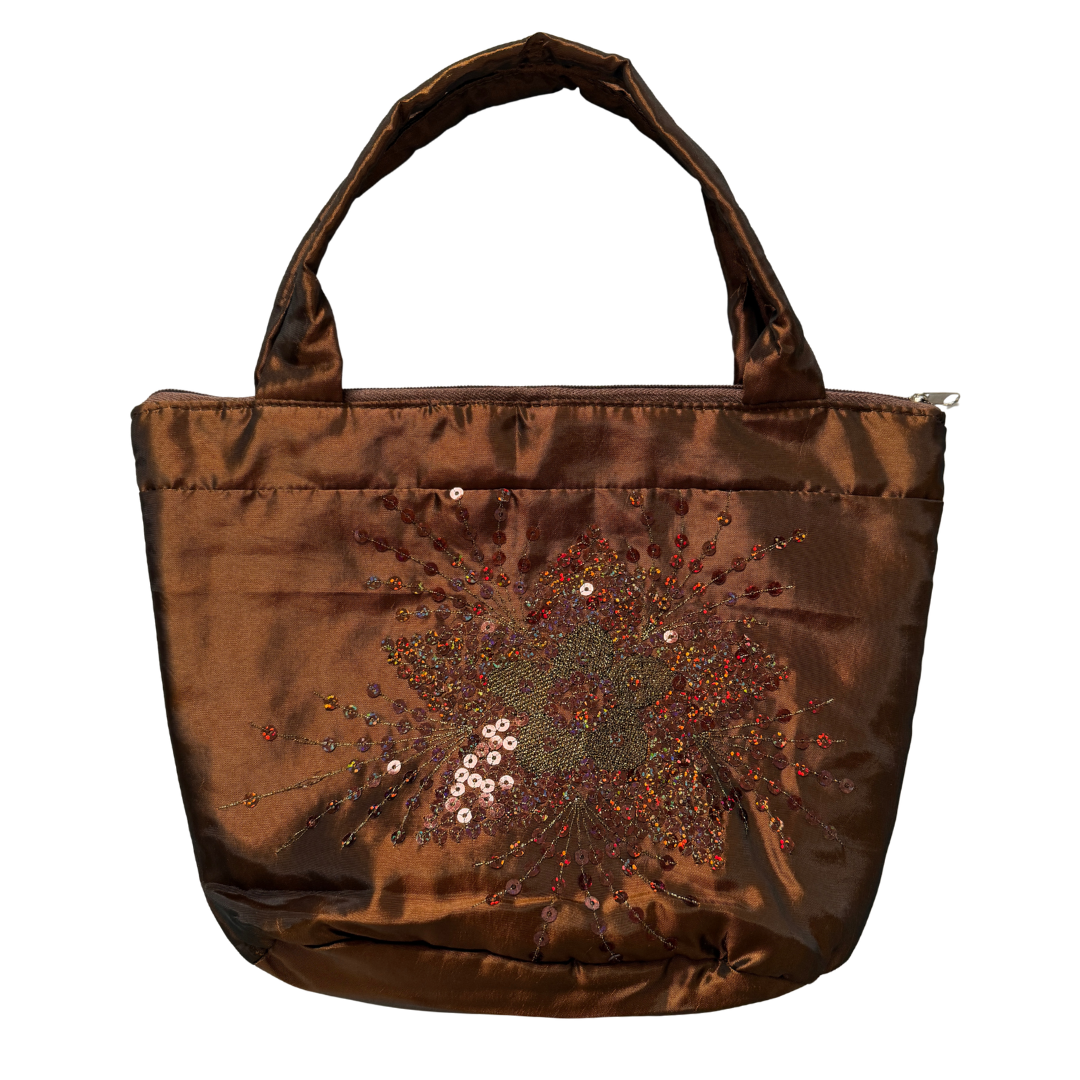 Vintage 90s Brown Satin Floral Sequin Bucket Bag