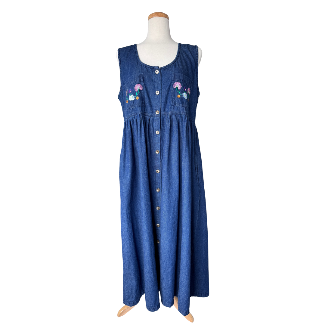 Tradition Denim Maxi Dress with Floral Embroidered Pockets | Large / Extra-Large