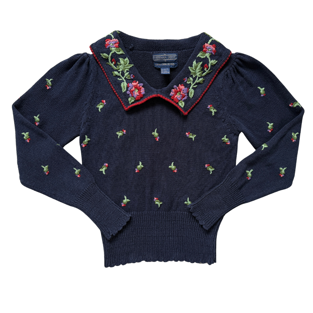 Vintage 90s Herman Geist Navy Floral Embroidered Collared Sweater | Small