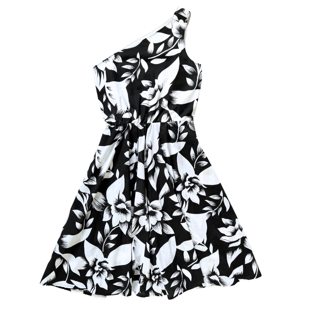 Vintage 80s-90s Black and White Floral One-Shoulder Midi Dress | Small-Medium