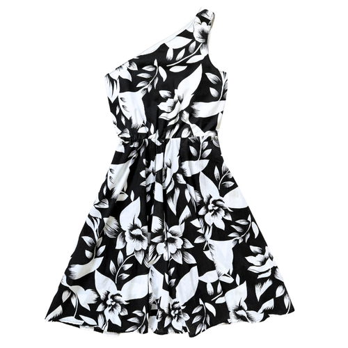 Vintage 80s-90s Black and White Floral One-Shoulder Midi Dress | Small-Medium
