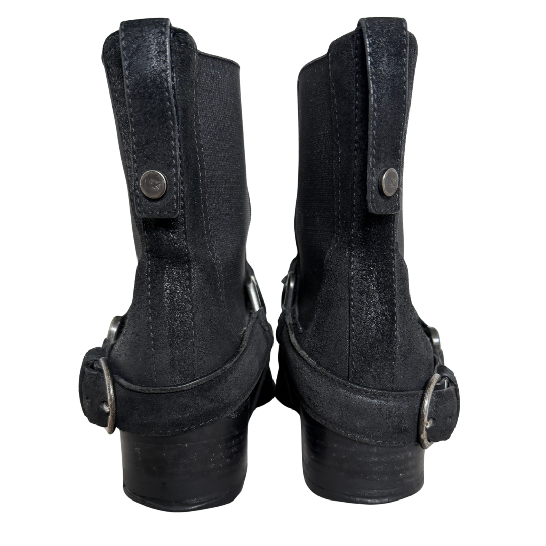 Donna Karan Black Leather Square Toe Saddle Boots | 6-6 1/2