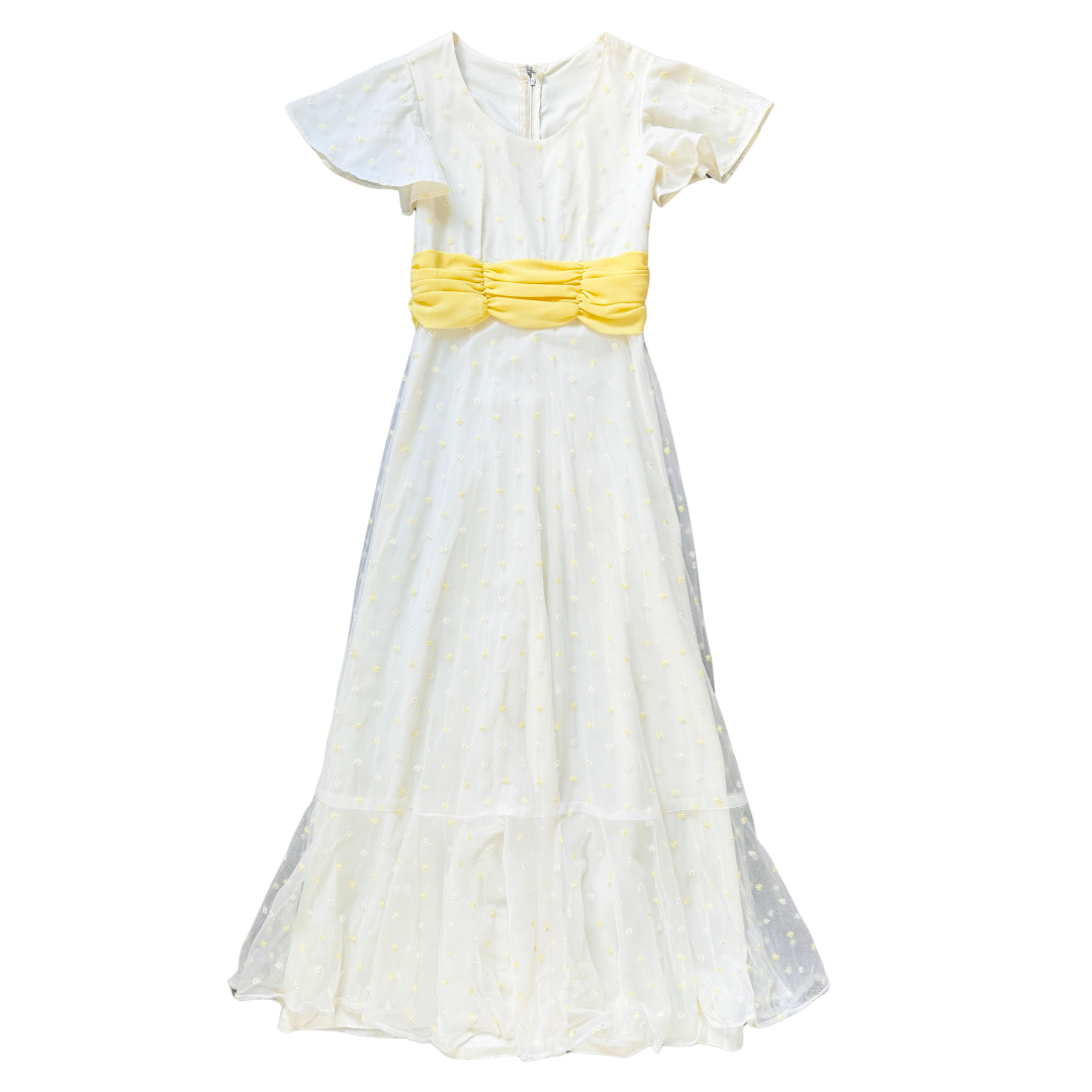Vintage 70s Yellow Embroidered Ditzy Floral Fancy Dress | Small