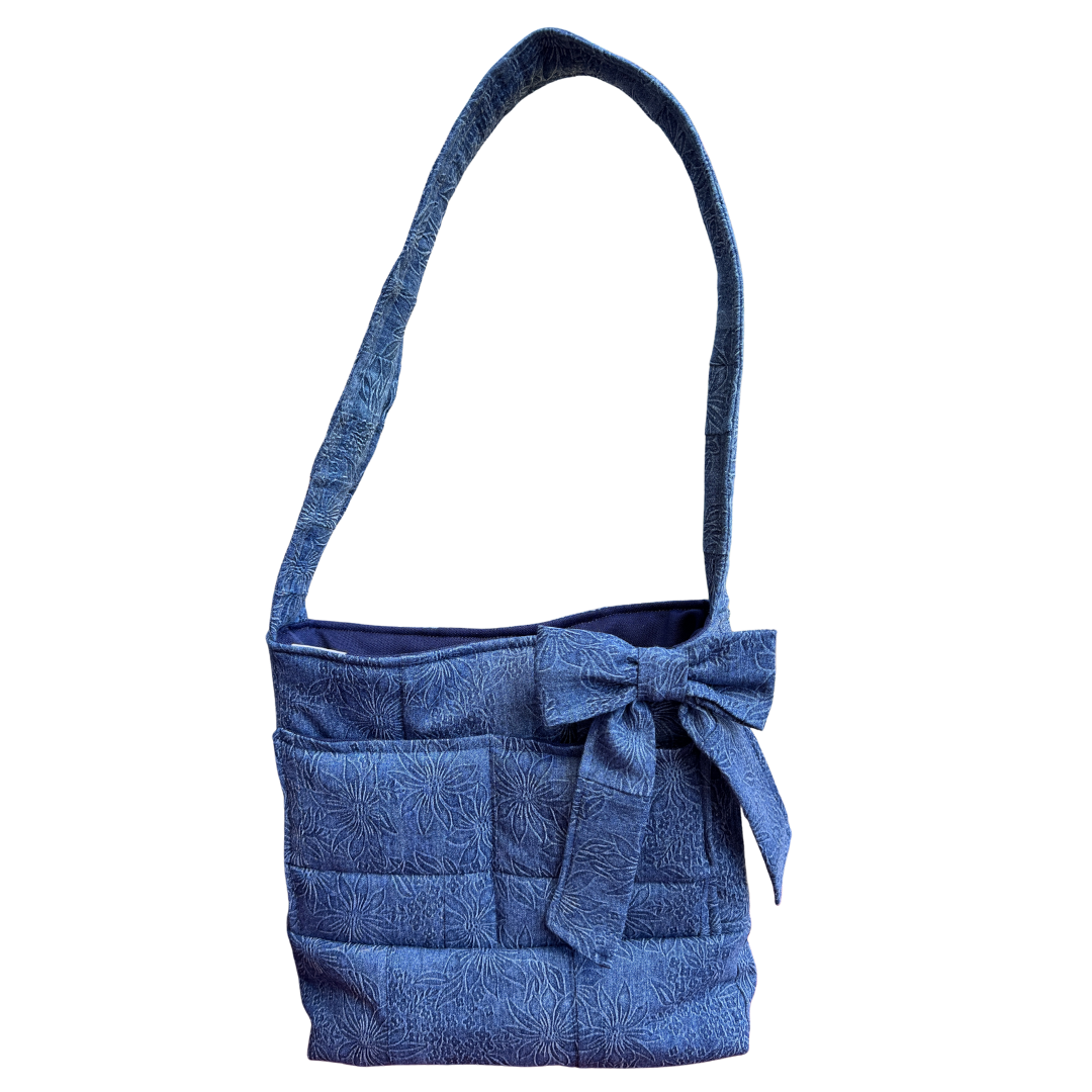Recycled Dark Floral Printed Denim Bow Bag