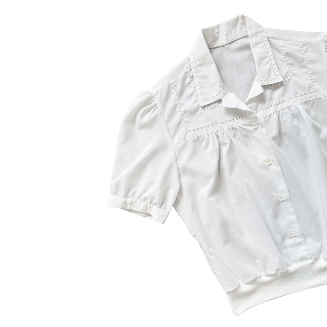 White Lace Stitched Collared Blouse with Jersey Hem | Small