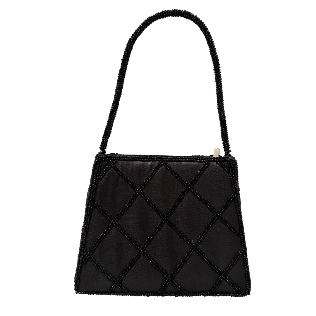 Vintage 80s-90s Mini Black Diamond Beaded Evening Bag / Purse