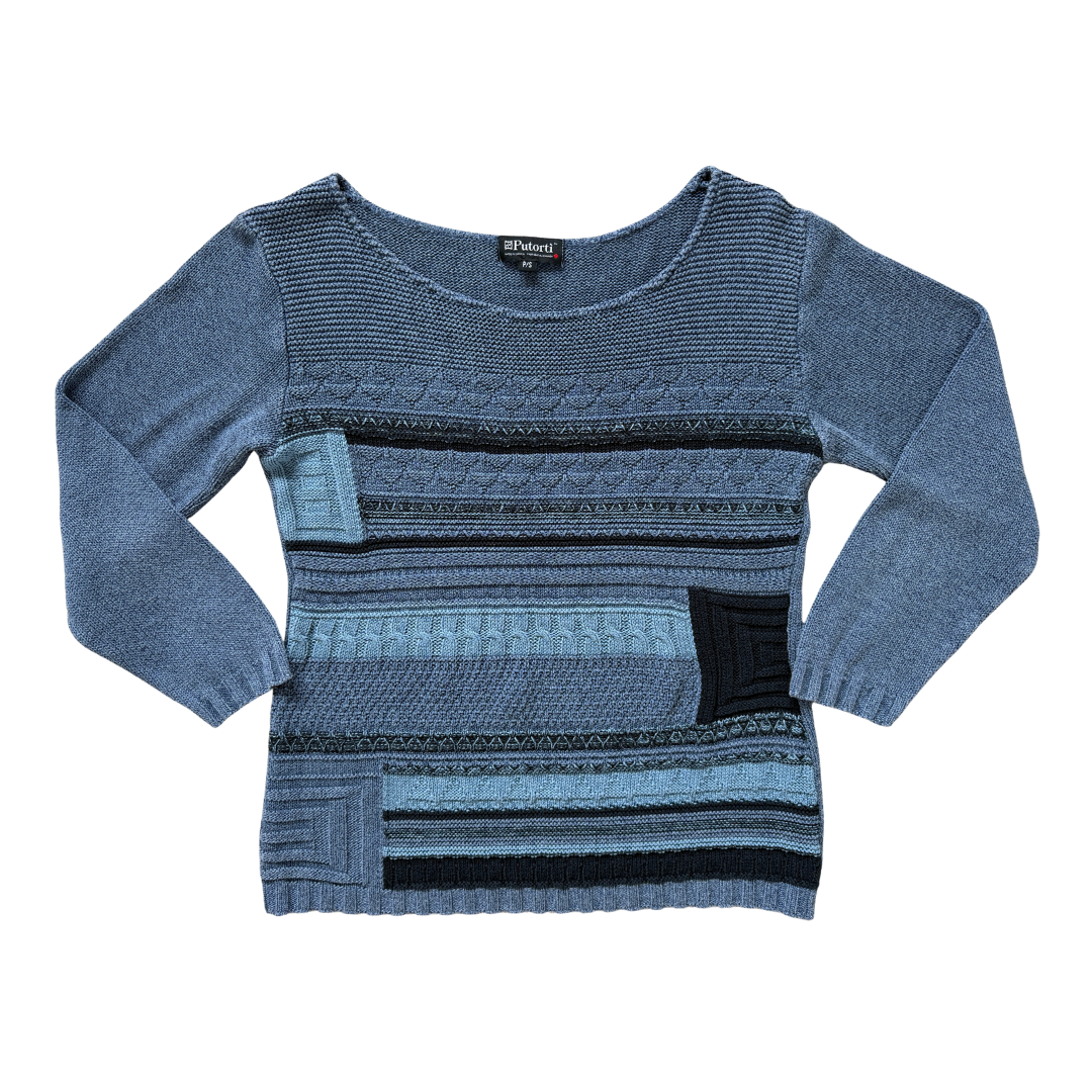 Vintage 90s-Y2K Putorti Blue Patchknit Sweater | Small - Medium