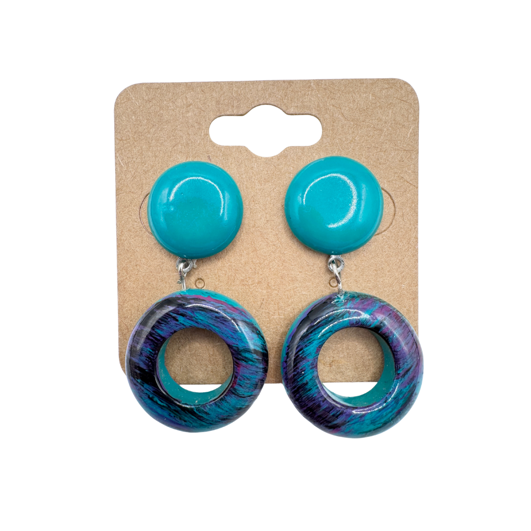 Teal and Purple Retro Circular Dangle Earrings