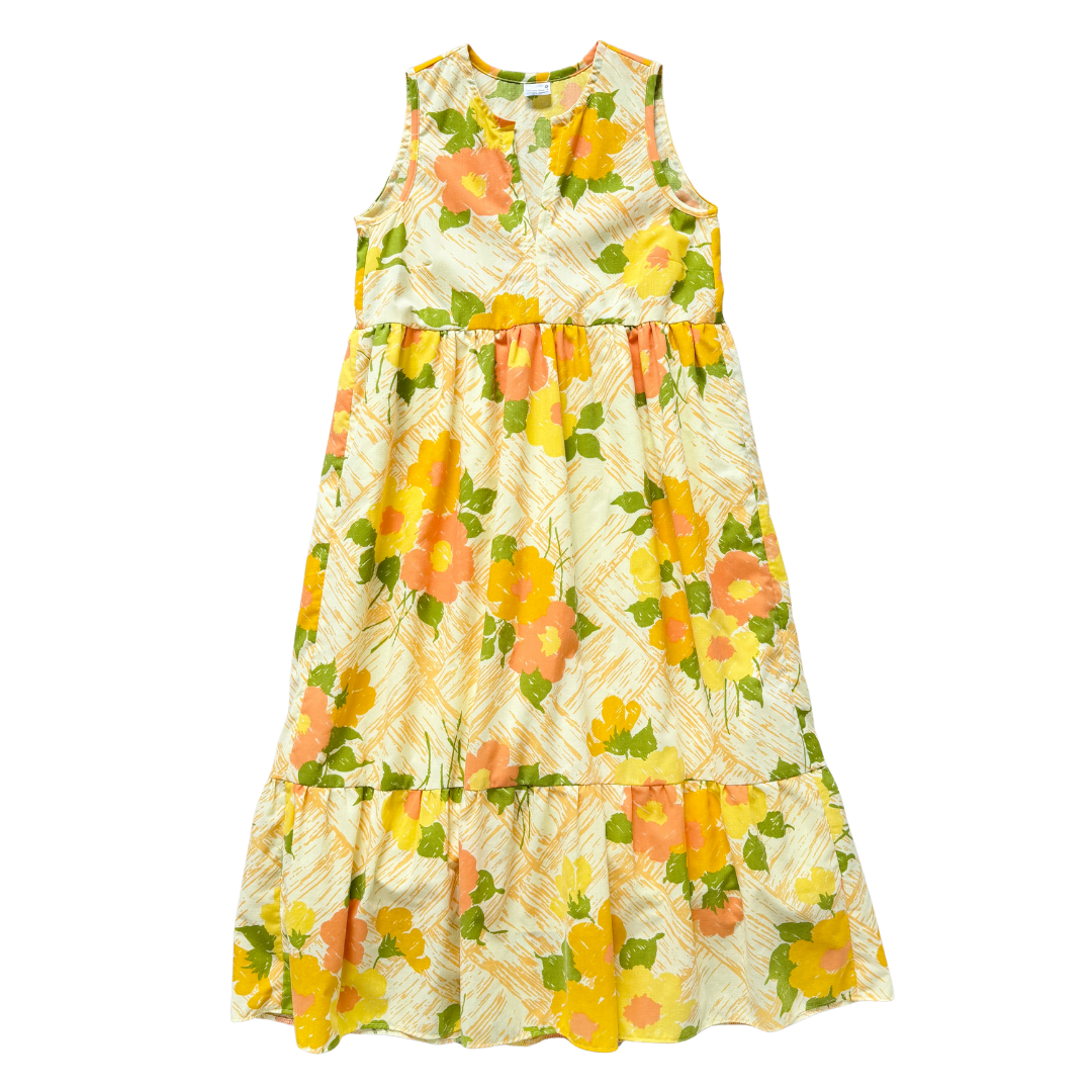 Recycled Bold Yellow and Orange Floral Ruffled Midi Play Dress | Extra-Small