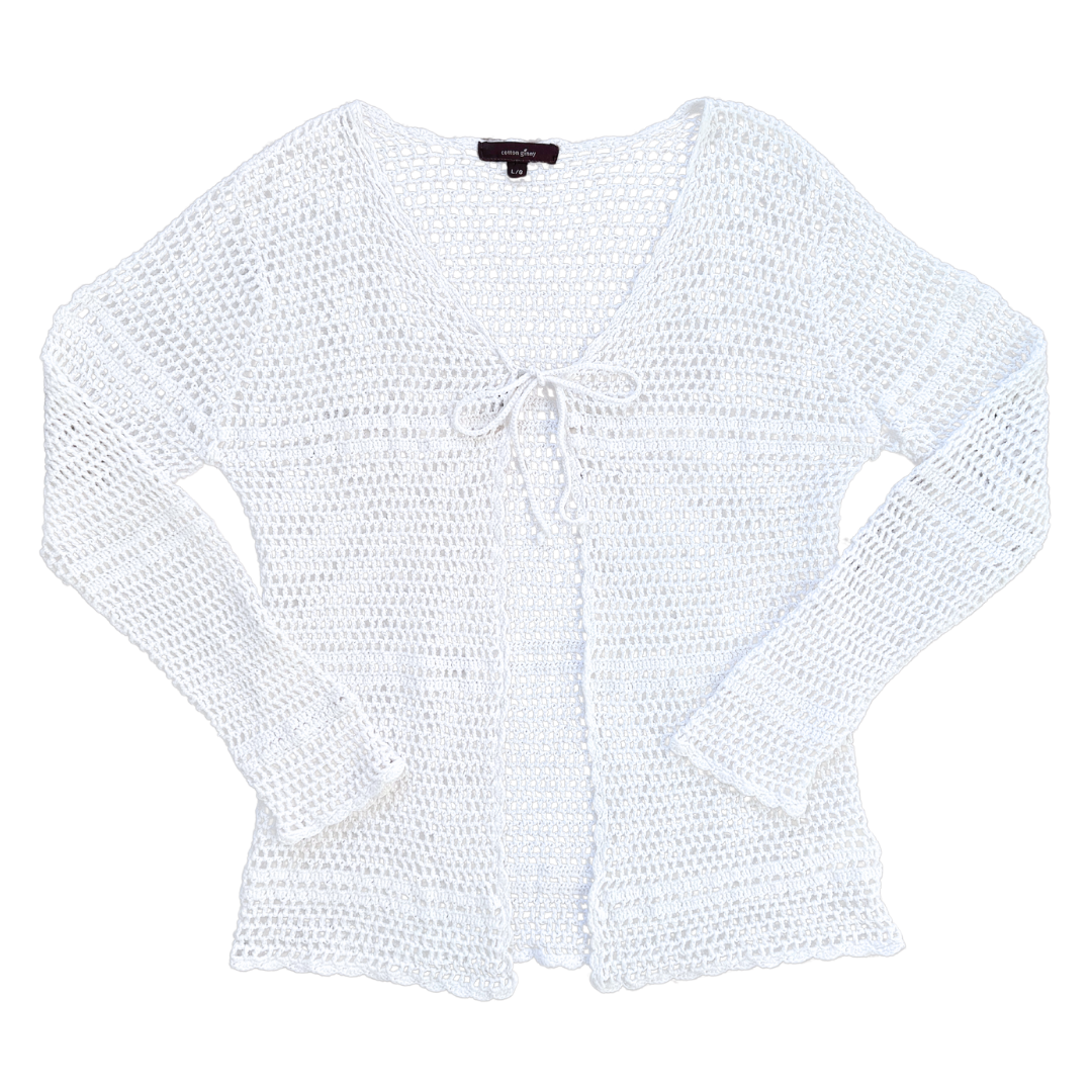 Vintage 1990s Cotton Ginny White Crochet Tie-Front Cardigan - Medium / Large