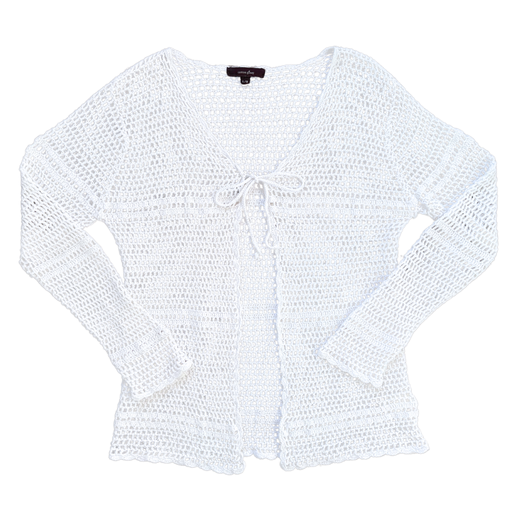Vintage 1990s Cotton Ginny White Crochet Tie-Front Cardigan - Medium / Large
