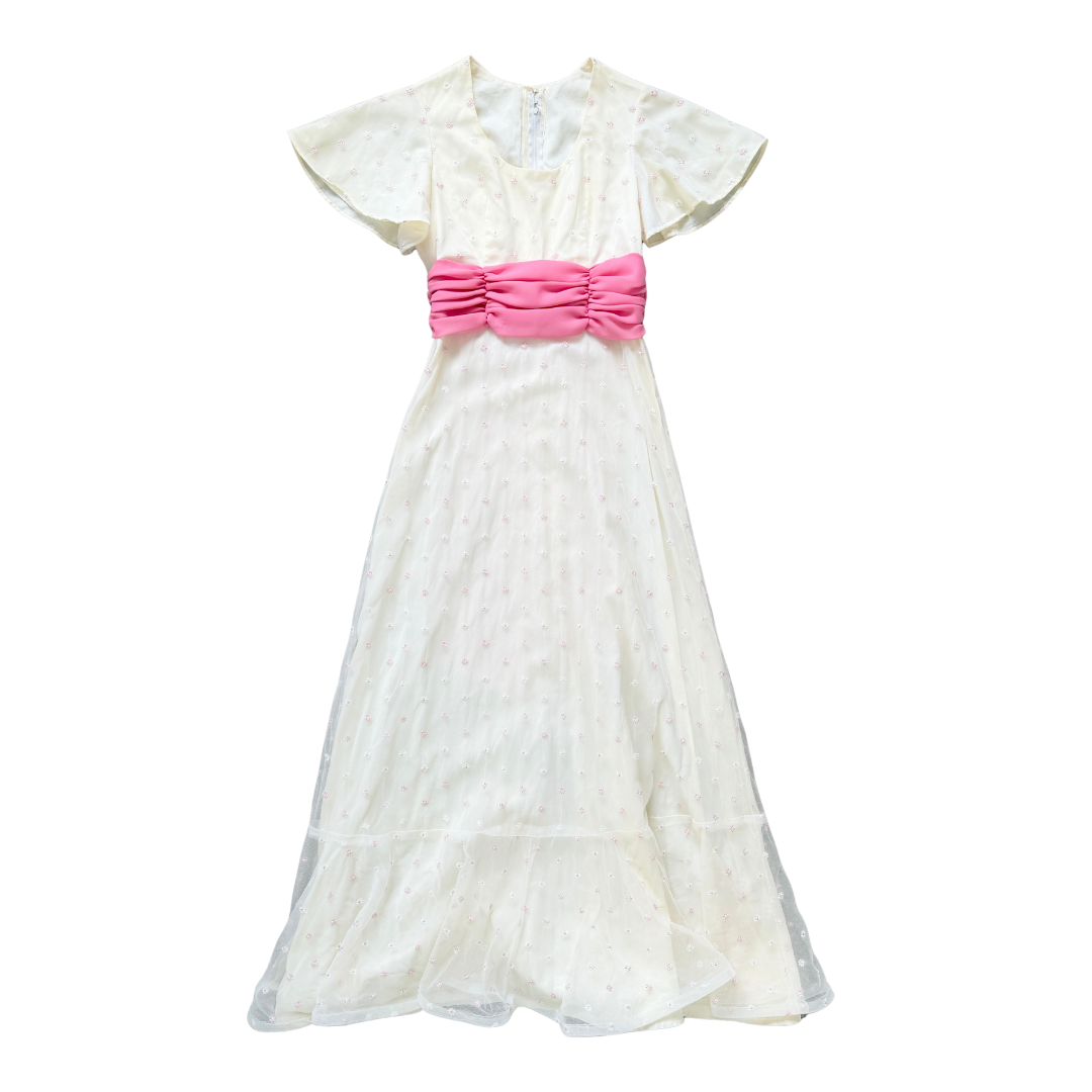 Vintage 70s Pink Embroidered Ditzy Floral Fancy Dress | Extra-Small