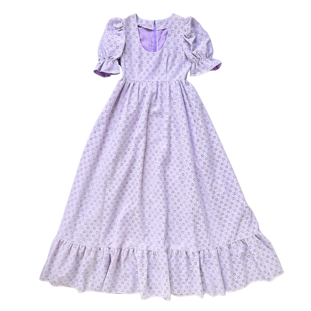 Vintage 70s Lilac Fancy Ruffled Floral Eyelet Dress | Small