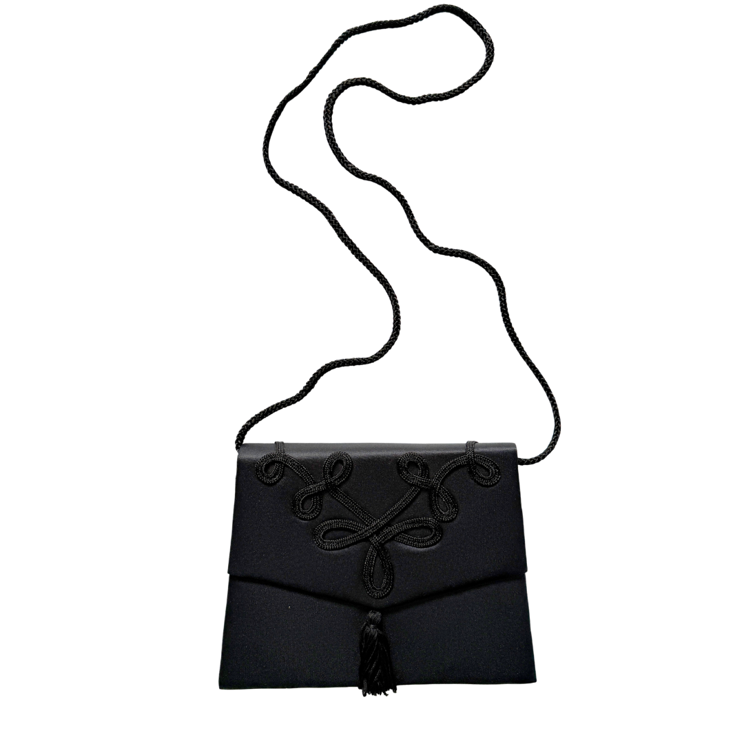 Vintage Black Satin Tassel Envelope Purse with Cord Detail