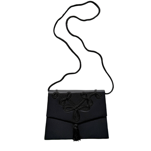 Vintage Black Satin Tassel Envelope Purse with Cord Detail